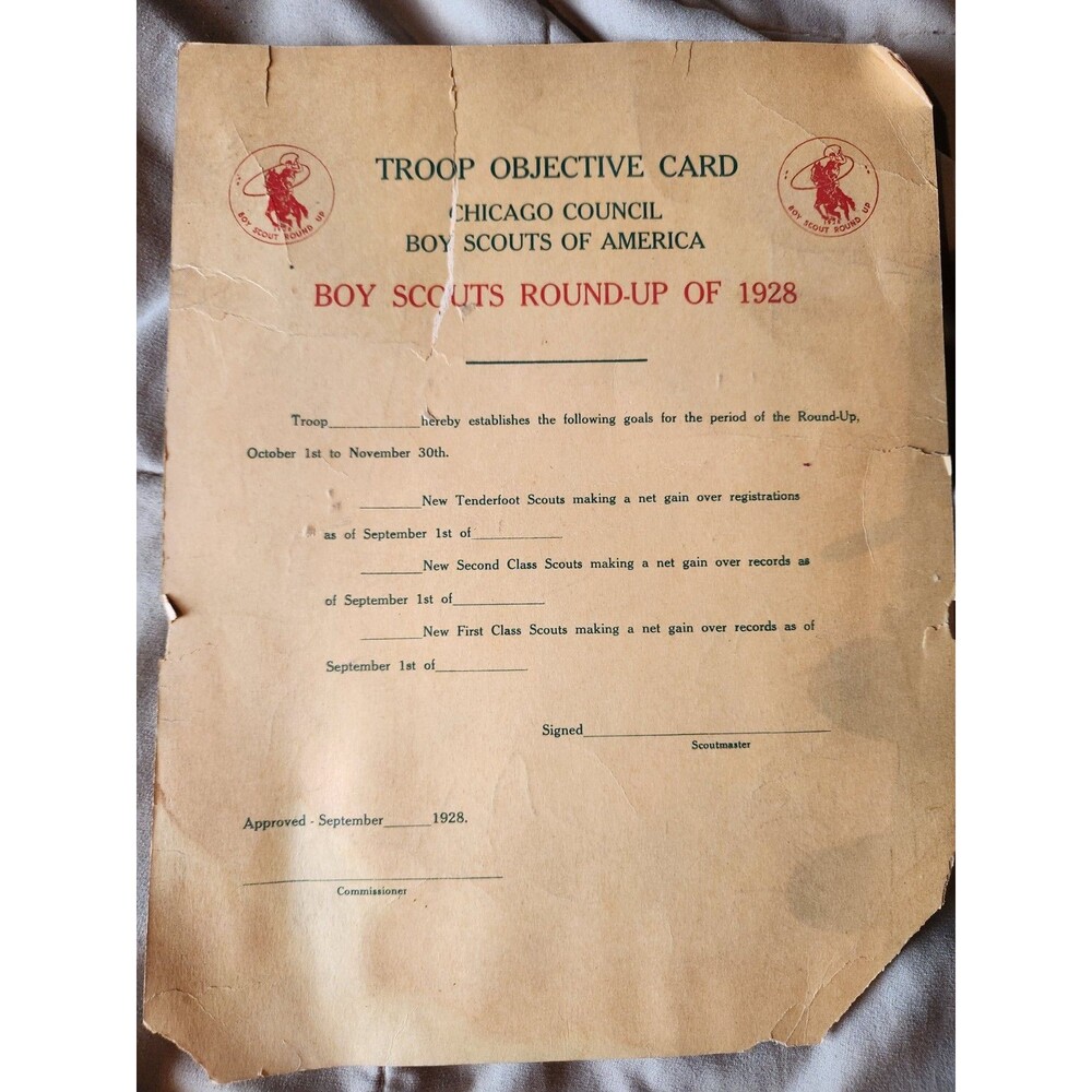 1928 Boy Scouts Round-Up Troop Objective Card Chicago Council BSA Ephemera